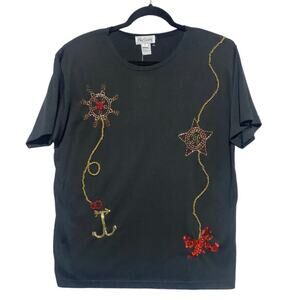 Oleg Cassini Top Women's Large Short Sleeve Black with Beaded Accents